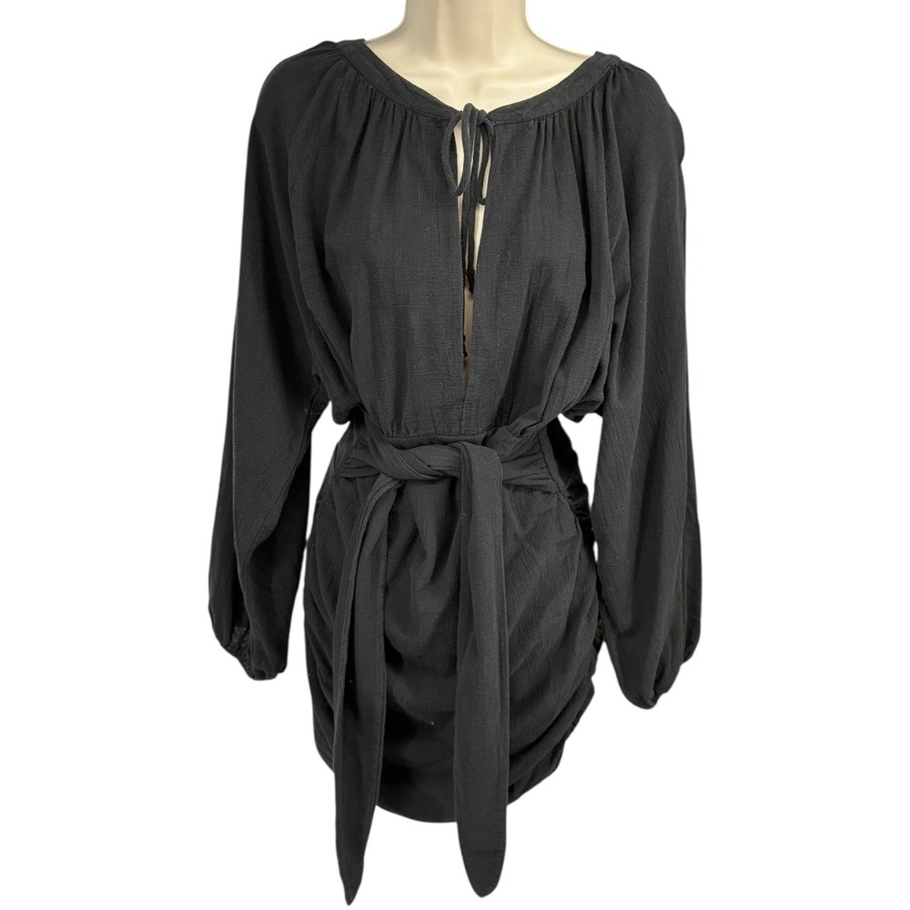 Free People Black Mini‎ Dress Button Back Ruched Tie Waist Long Sleeve S